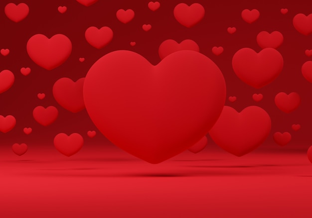 3d hearts floating on a red background.