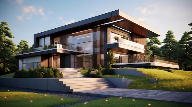 현대 건축물과 함께 3D 집 모델