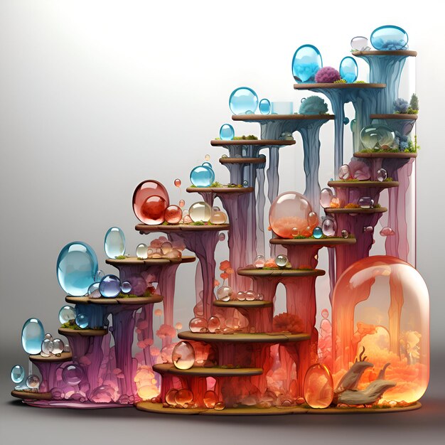 Free photo 3d illustration of abstract stairs made of glass and stones with drops