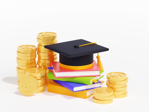 Free photo 3d illustration of academic cap on books and money