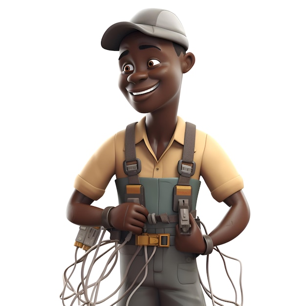 Free photo 3d illustration of an african american construction worker with a cable