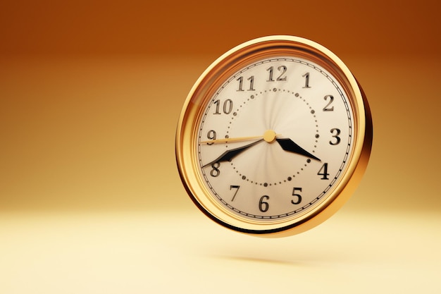 3d иллюстрации античные золотые круглые часы на оранжевом фоне изолированных. значок секундомера, логотип. хронометр, старинный таймер
