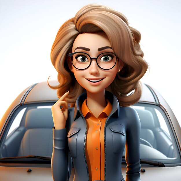 Free photo 3d illustration of a beautiful businesswoman in glasses standing near the car