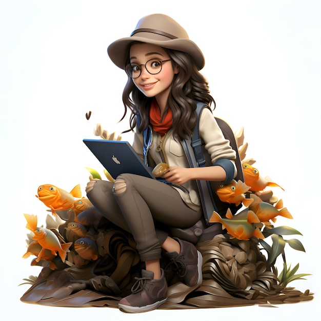 Free photo 3d illustration of a beautiful young girl with a backpack and tablet
