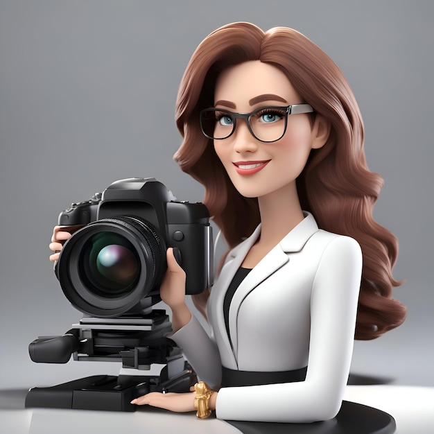 Free photo 3d illustration of a beautiful young woman in glasses with a camera