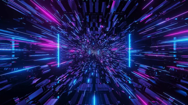 파란색과 보라색 미래 공상 과학 테크노 조명 멋진 배경의 3D 그림
