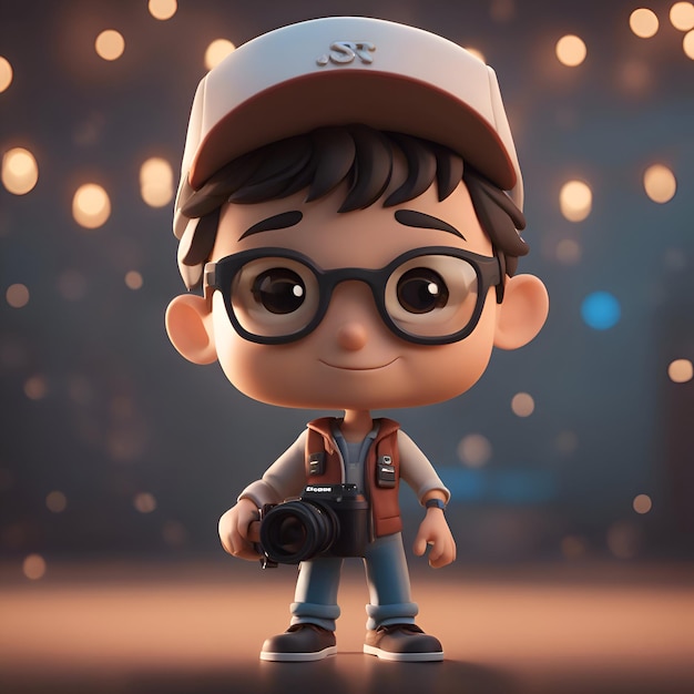 3d illustration of a boy in cap and glasses with a camera