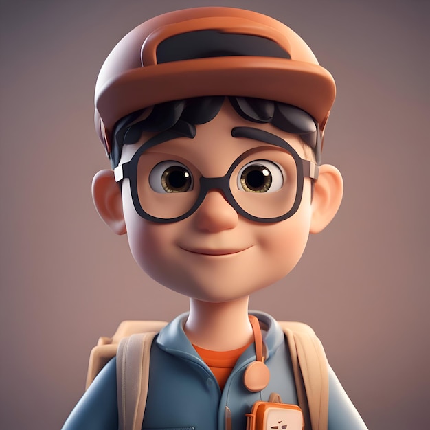 Free photo 3d illustration of a boy wearing a cap and glasses with backpack