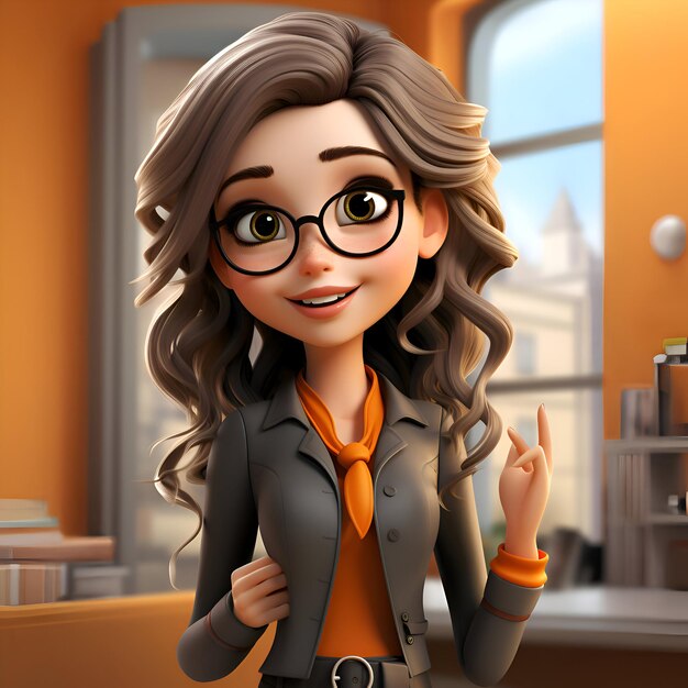 Трехмерная иллюстрация бизнесменки с очками в ее офисе