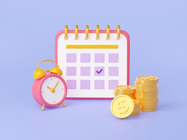 Free photo 3d illustration of calendar page clock and money