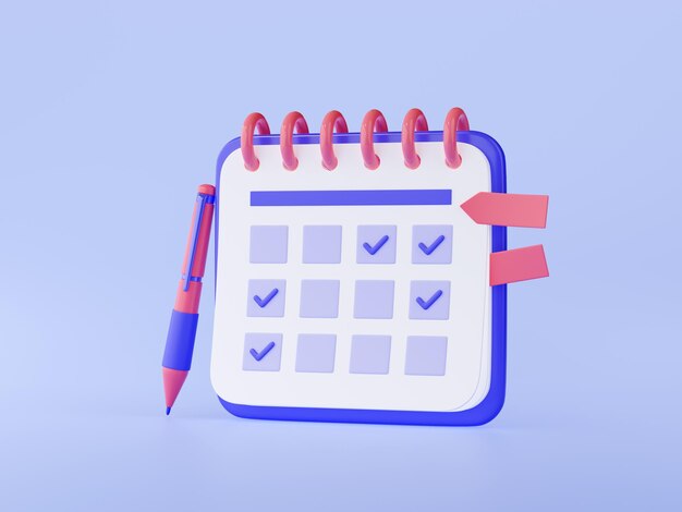 3D illustration of calendar with checkmarks pen