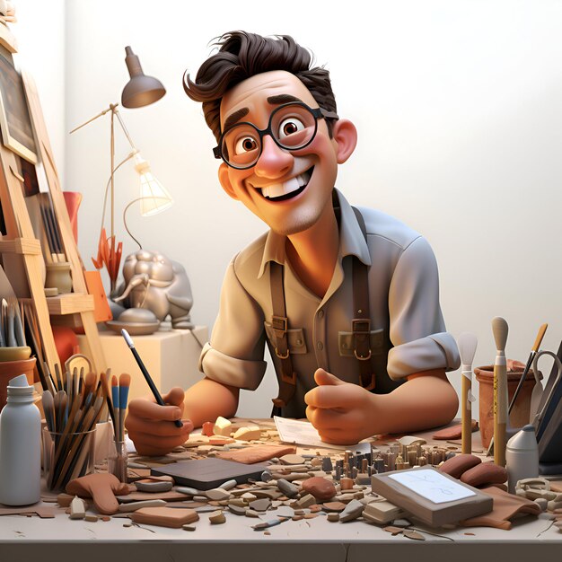 3d illustration of a cartoon artist working in his studio with tools