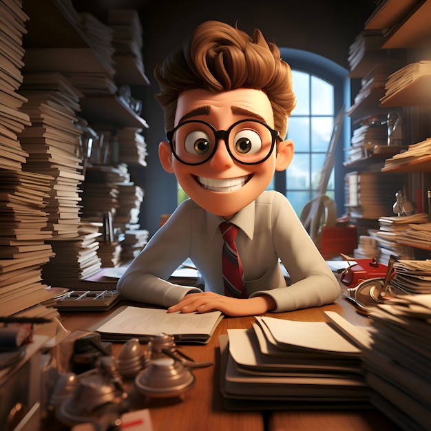 Free photo 3d illustration of a cartoon character in a library with books