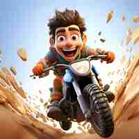 Free photo 3d illustration of a cartoon character riding a motorcycle in the desert