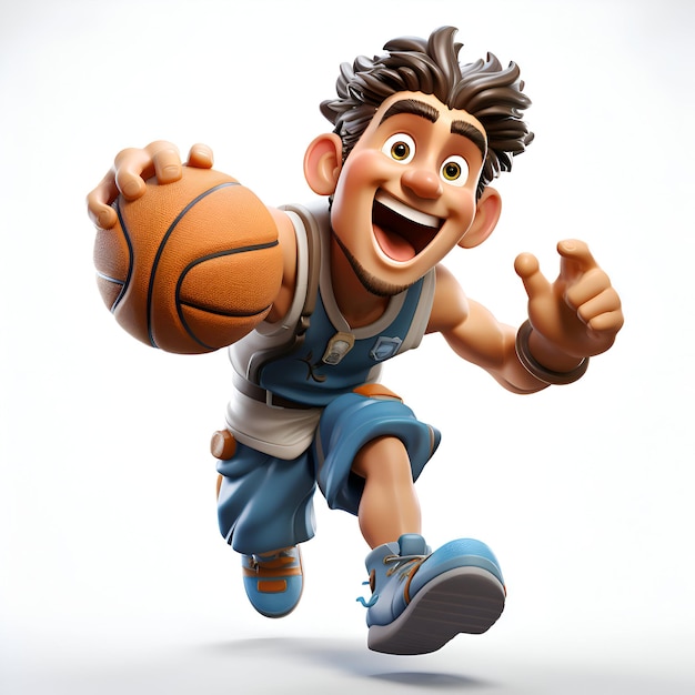 손에 농구공을 들고 달리는 만화 캐릭터의 3D 일러스트레이션