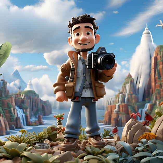 Free photo 3d illustration of a cartoon character with a camera in his hand