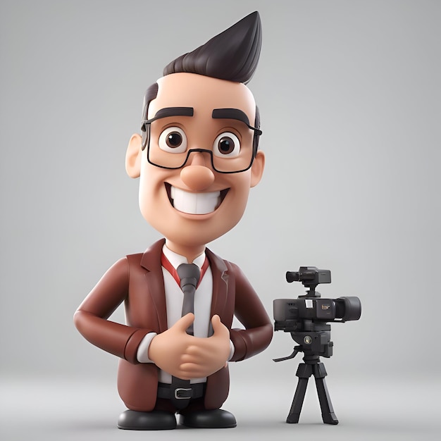 Foto gratuita illustrazione 3d di un personaggio dei cartoni animati con una fotocamera e un treppiede