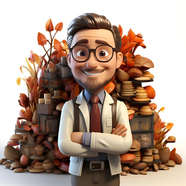 Foto gratuita illustrazione 3d di un personaggio dei cartoni animati con una caffetteria e foglie d'autunno