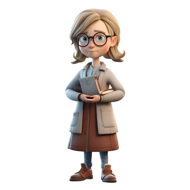 3D illustration of a cartoon character with glasses and a coat