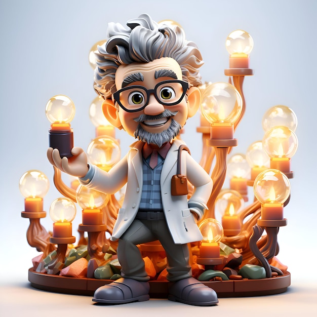 3D-иллюстрация персонажа мультфильма с лампочками вокруг него