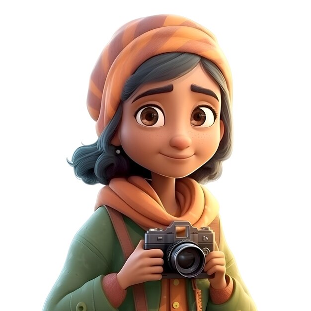 3D Illustration of a Cartoon Female Tourist with a Camera