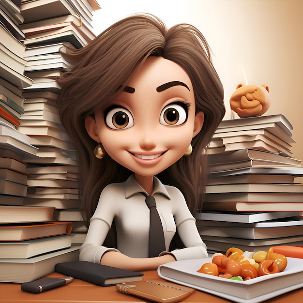 3D illustration of a cartoon girl studying at the table with books