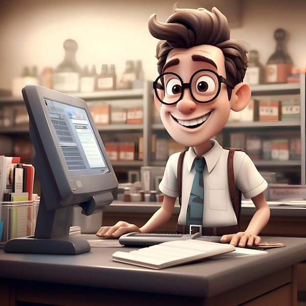 3D illustration of a cartoon scientist at work in a laboratory