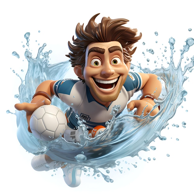 Free photo 3d illustration of a cartoon soccer player with a ball in water