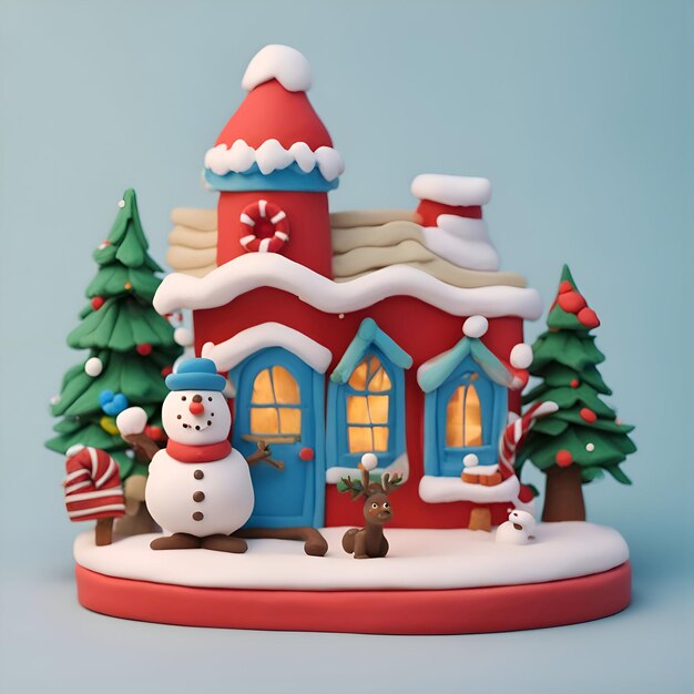 Free photo 3d illustration of christmas house with snowman and christmas tree