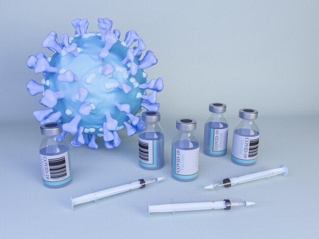 3d illustration of Coronavirus virus cell with covid-19 vaccine and syringes