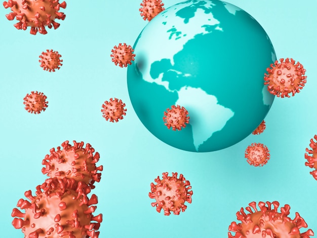 3D illustration of Covid-19 cells around a globe earth