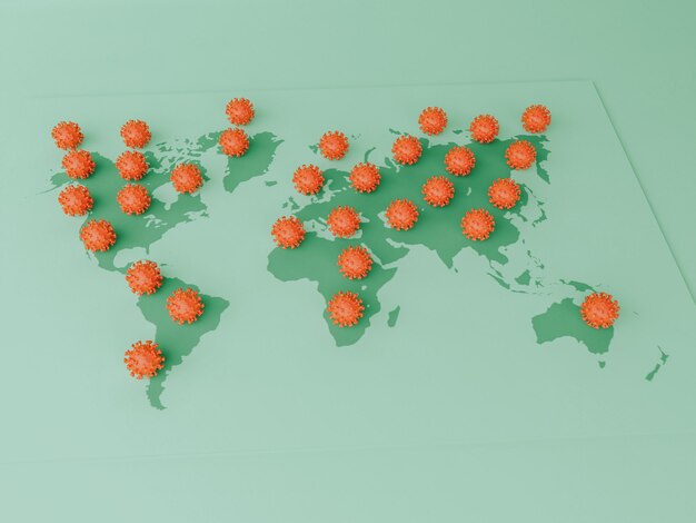 3D Illustration. Covid-19 cells on a world map. Pandemic outbreak of coronavirus. Covid-19 concept.