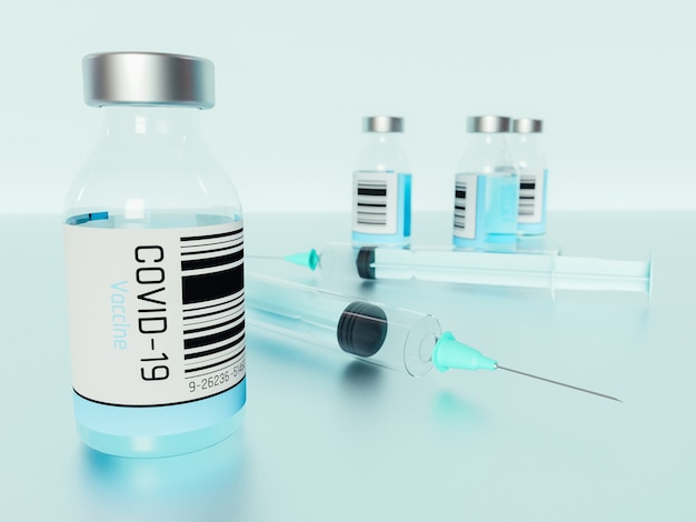 3d illustration of covid-19 vaccine bottles with syringes