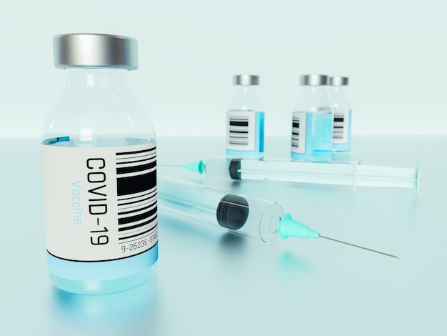 3D illustration of Covid-19 vaccine bottles with syringes