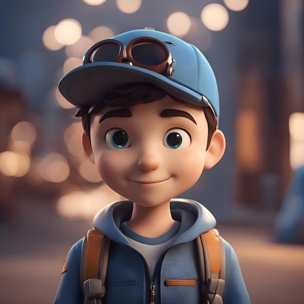 3D illustration of a cute cartoon boy with a backpack and helmet