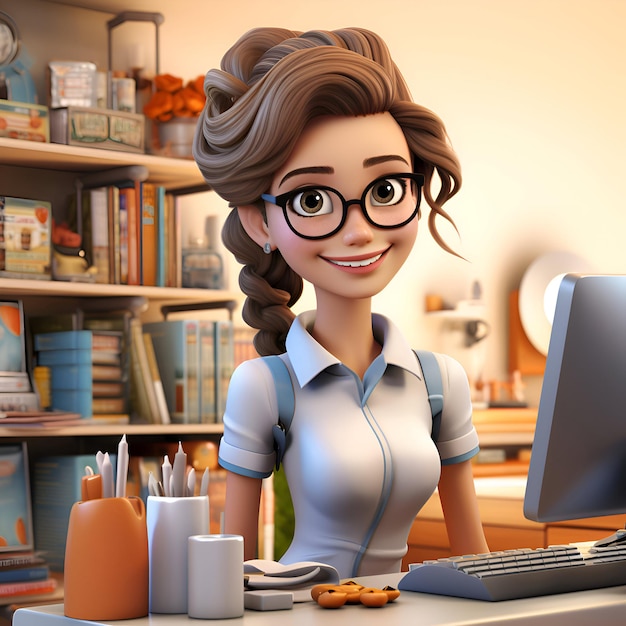 Free photo 3d illustration of a cute cartoon girl in a home office