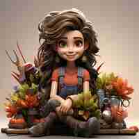 Free photo 3d illustration of a cute cartoon girl sitting with a bunch of flowers