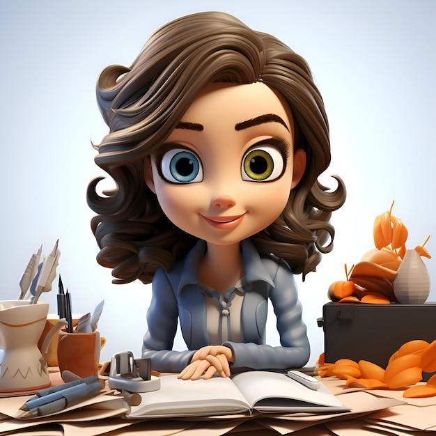 Foto gratuita illustrazione 3d di una caricatura carino carino che studia alla sua scrivania