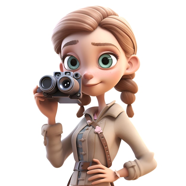 카메라를 가진 귀여운 만화 소녀의 3D 일러스트레이션