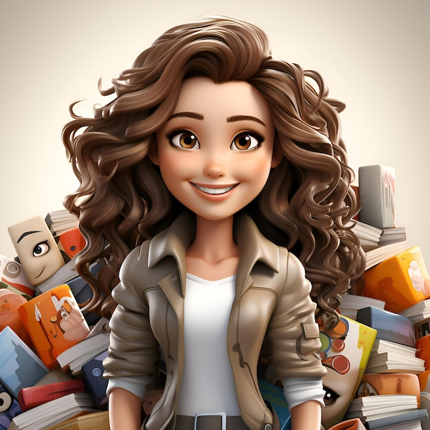 Free photo 3d illustration of a cute cartoon girl with a lot of books