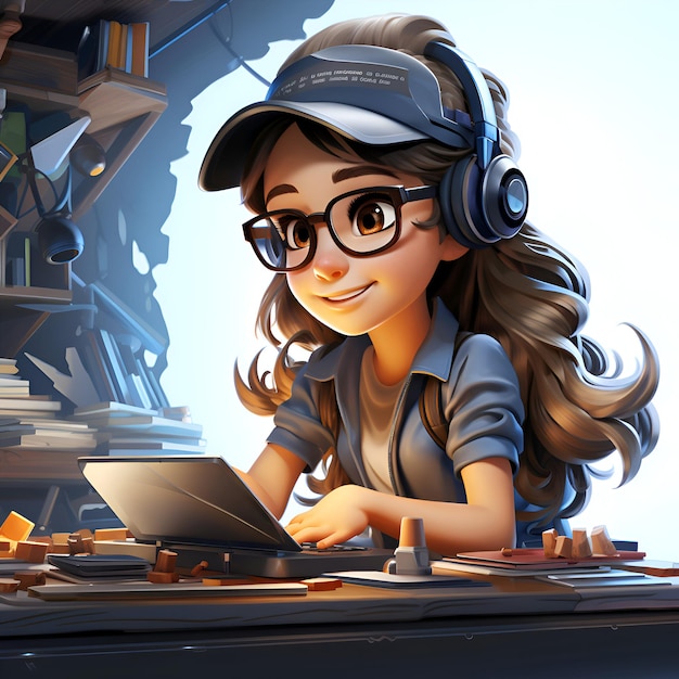 3D illustration of a cute girl with glasses and headphones using a laptop