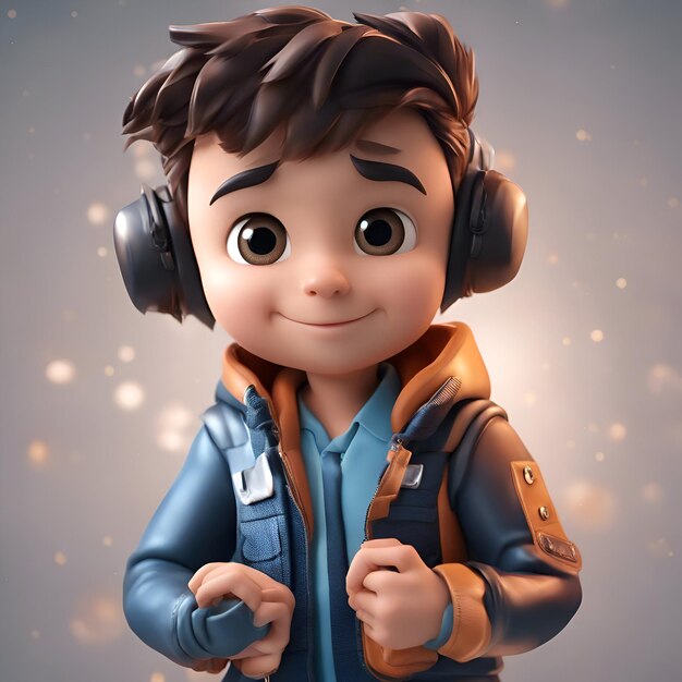 3D illustration of a cute little boy with headphones listening to music
