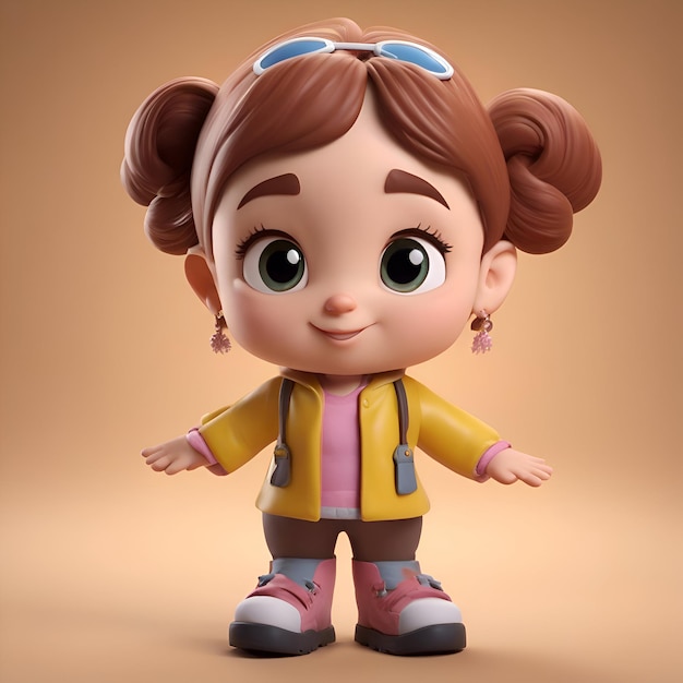 3D illustration of a cute little girl with a backpack in a yellow jacket