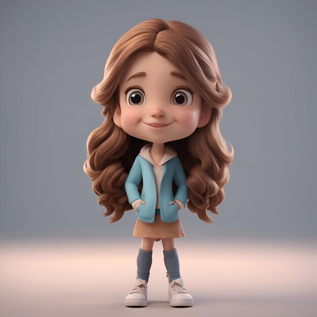 긴 머리카락과 파란 옷을 입은 귀여운 작은 소녀의 3D 일러스트레이션