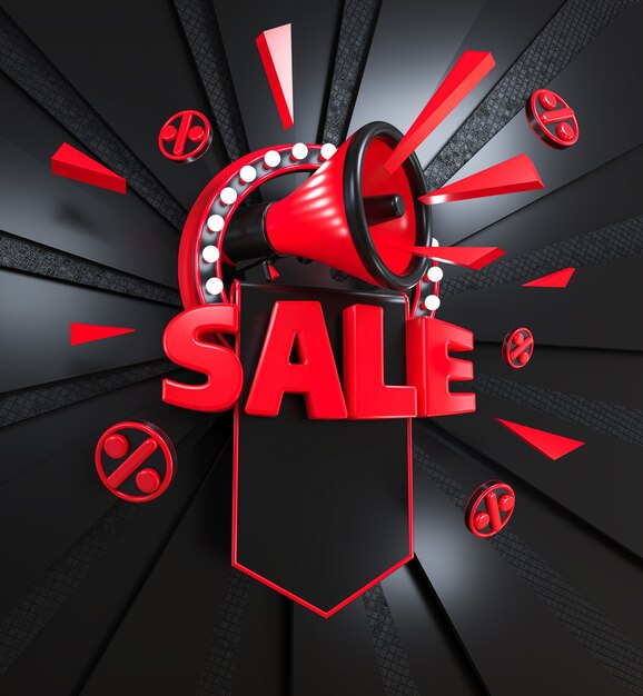 3d illustration of a discount banner on a dark background bright red inscription sale megaphone