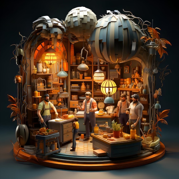 Foto gratuita illustrazione 3d di una casa di fantasia con persone in cucina