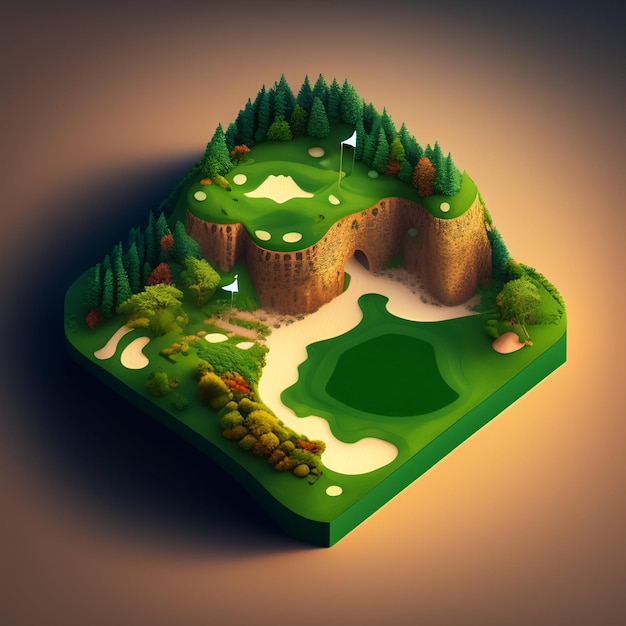 Foto gratuita un'illustrazione 3d di un campo da golf con un campo da golf nei precedenti.