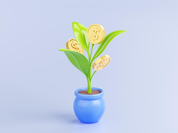 3D illustration of green sprout with golden coins