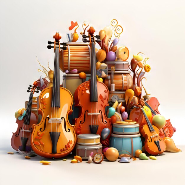楽器の3Dイラスト: バイオリンドラムタンブルンサクソフォンドラム ヴァイオリン ドラム ドラム