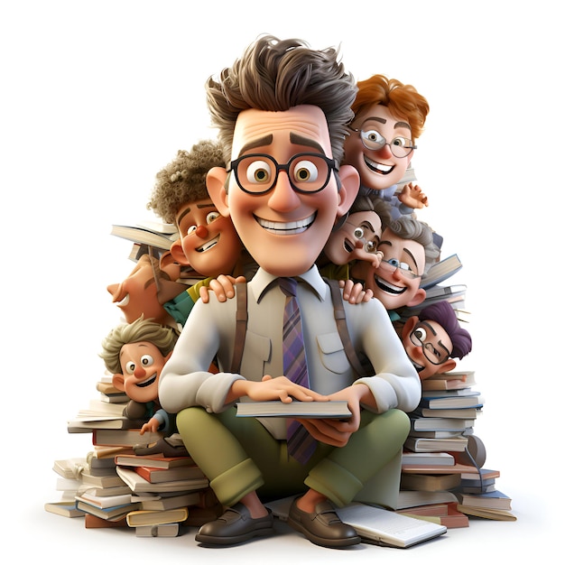 3D illustration of a group of students sitting on a pile of books